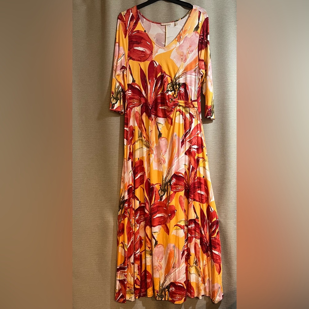 Soft Surroundings Elia Floral Print  Maxi Dress Yellow Red Size Large Stretch